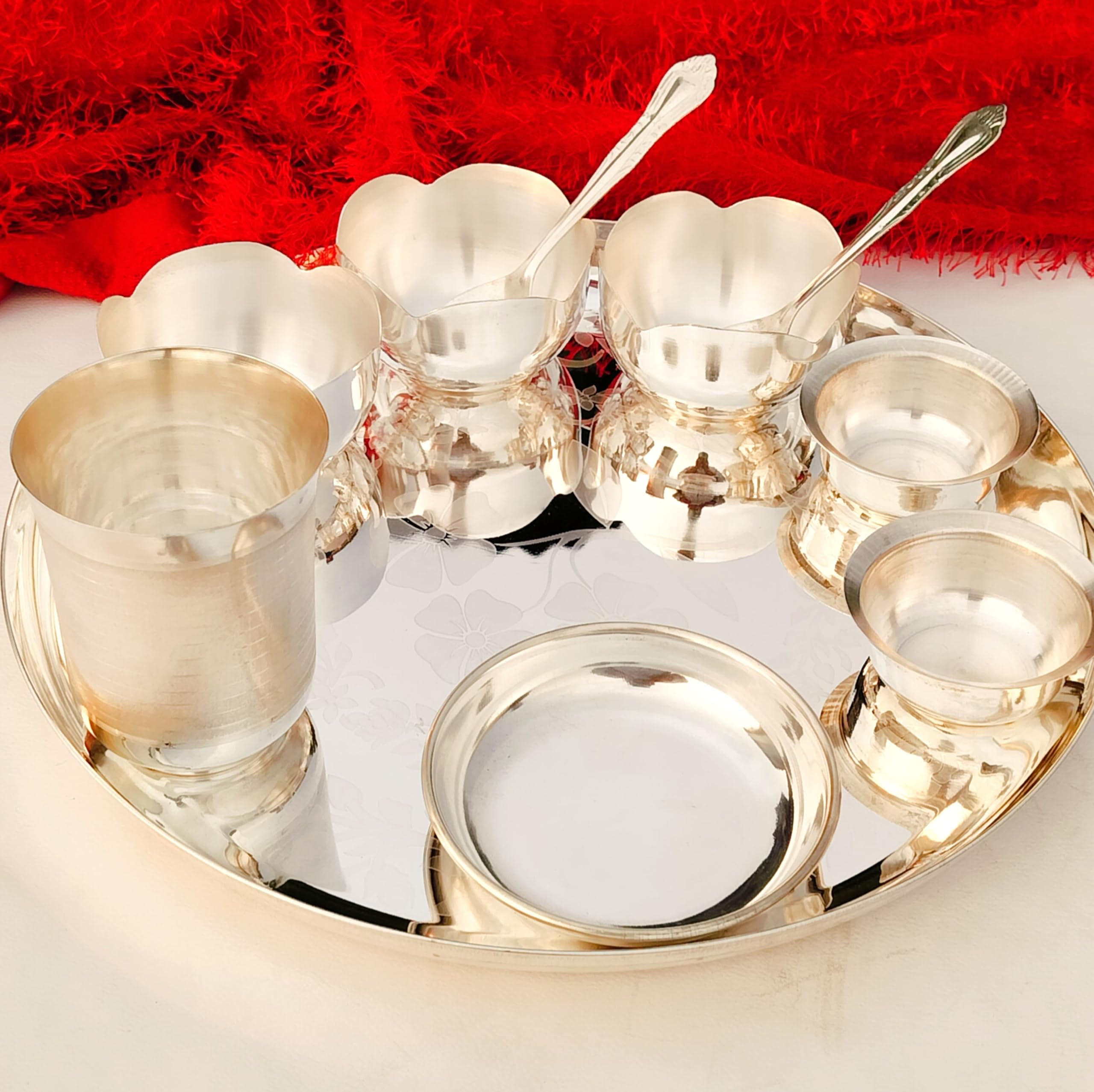 German silver big size flower engraved Dinner set/bhojan thali/pooja thali set with lotus shape bowl