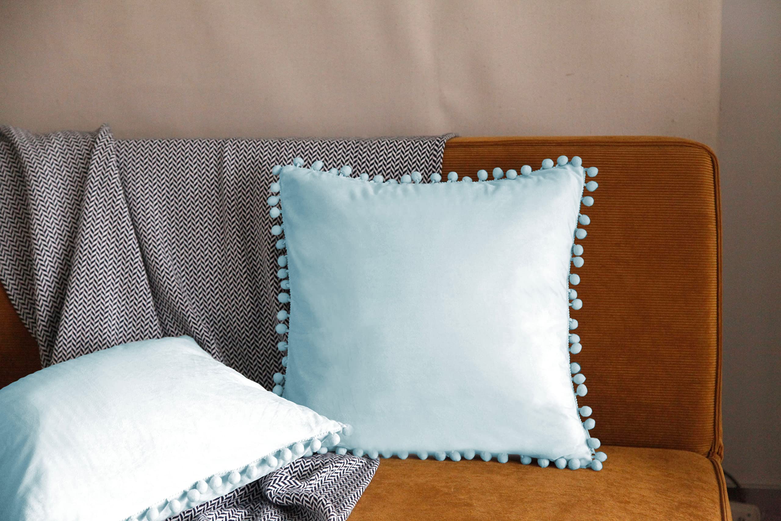 Pagnanno. Aqua Set Of 2 Soft Velvet Cushion Covers 45X45cm(18X18 Inches) Pom Throw Pillowcases Square Cushion Covers For Chairs,Living And Bedroom With Invisible Zipper (18"X18" (Pack Of 2), )