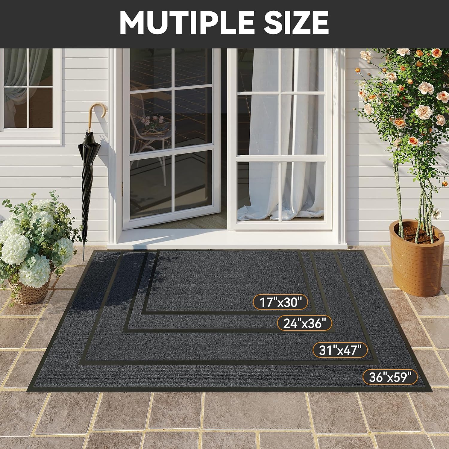 Front Door Mat Outside Entrance 24"x36", Heavy Duty Non Slip Doormat, Dirt Resistant Outdoor mat, Absorbent Welcome Mat for Front Door, Indoor, Entryway, Easy to Clean, Low Profile, Grey