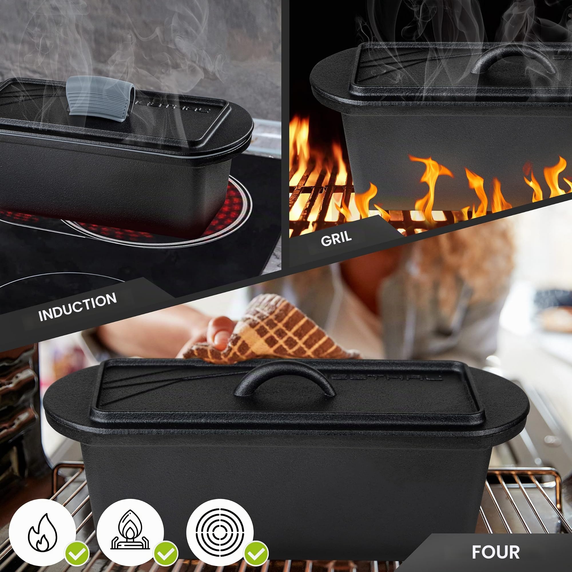 LIEBTHAL Moule à pain avec couvercle, ajustement parfait, insert en silicone antiadhésif, casserole en fonte pré-enduite, 3,5 L, moule à pain pour rôtir, cuire et braiser