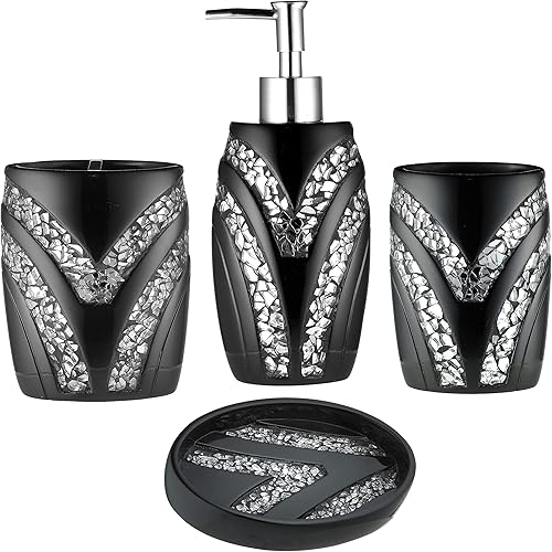 Zahari Home Juego de 4 accesorios de baño con estilo Sinatra, dispensador de jabón negro, bomba de loción, vaso, soporte para cepillo de dientes y