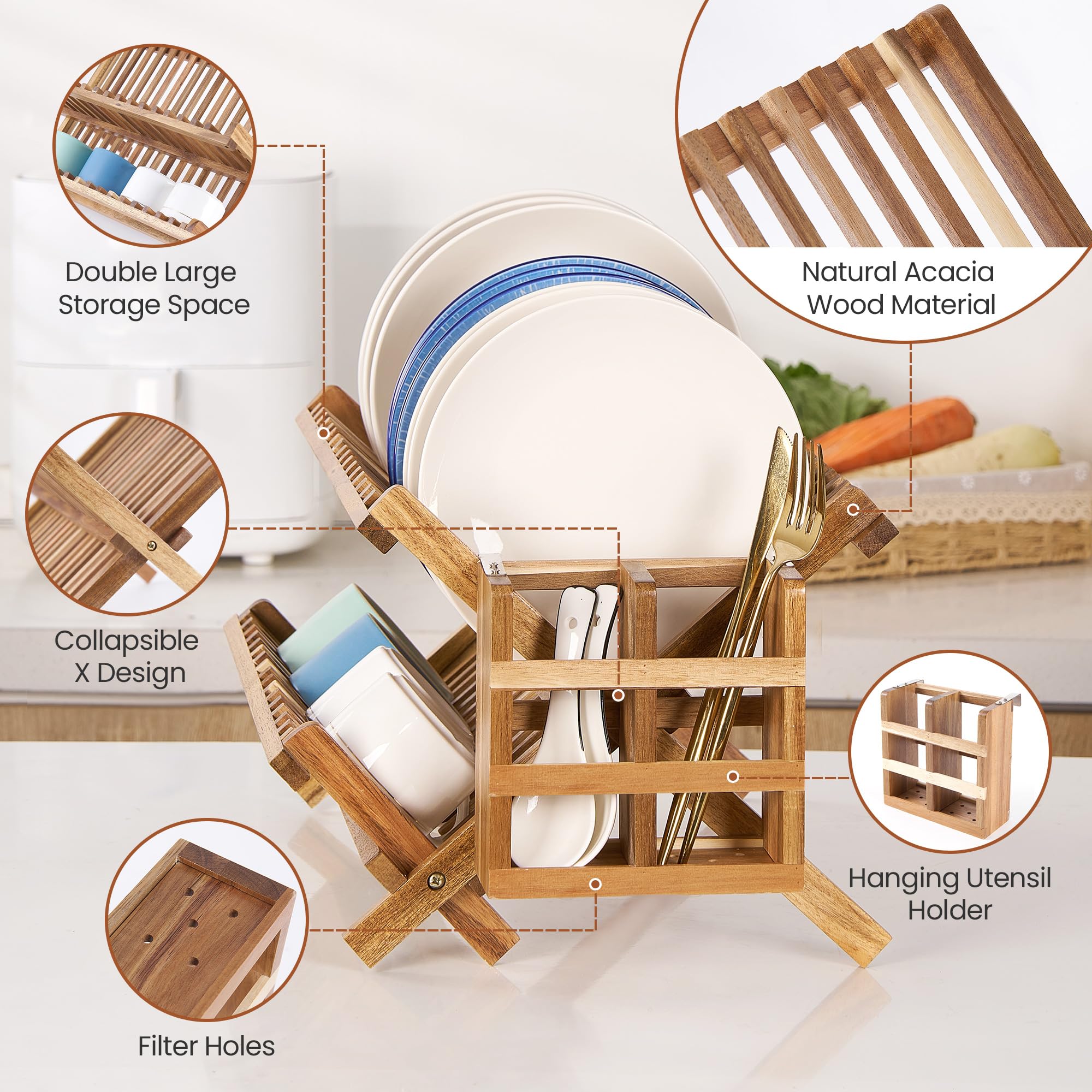 Escurridor de platos de acacia, plegable de 2 niveles con soporte para utensilios, escurridor de platos de madera grande para encimera de cocina
