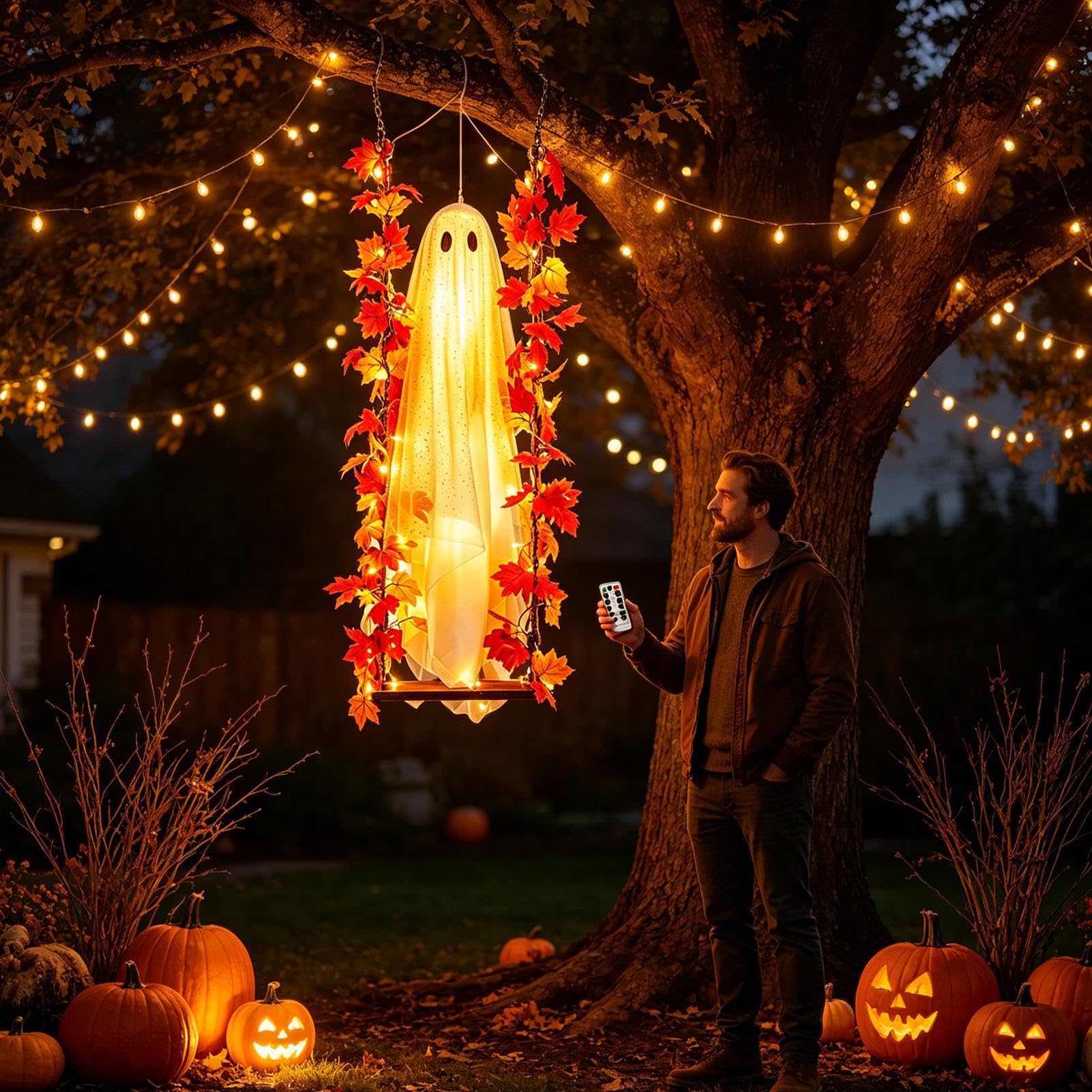 Duch Dekoracja Halloween Z lampkami łańcuchowymi z liśćmi klonu,