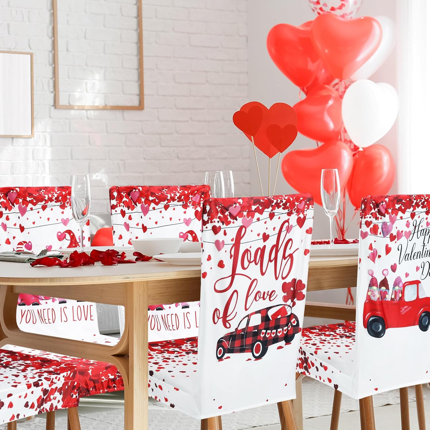 Umigy 6 Pc Valentine Heart Dining Chair Slipcovers - Removable Washable Back Protector Set - Valentine Kitchen Dining Cover