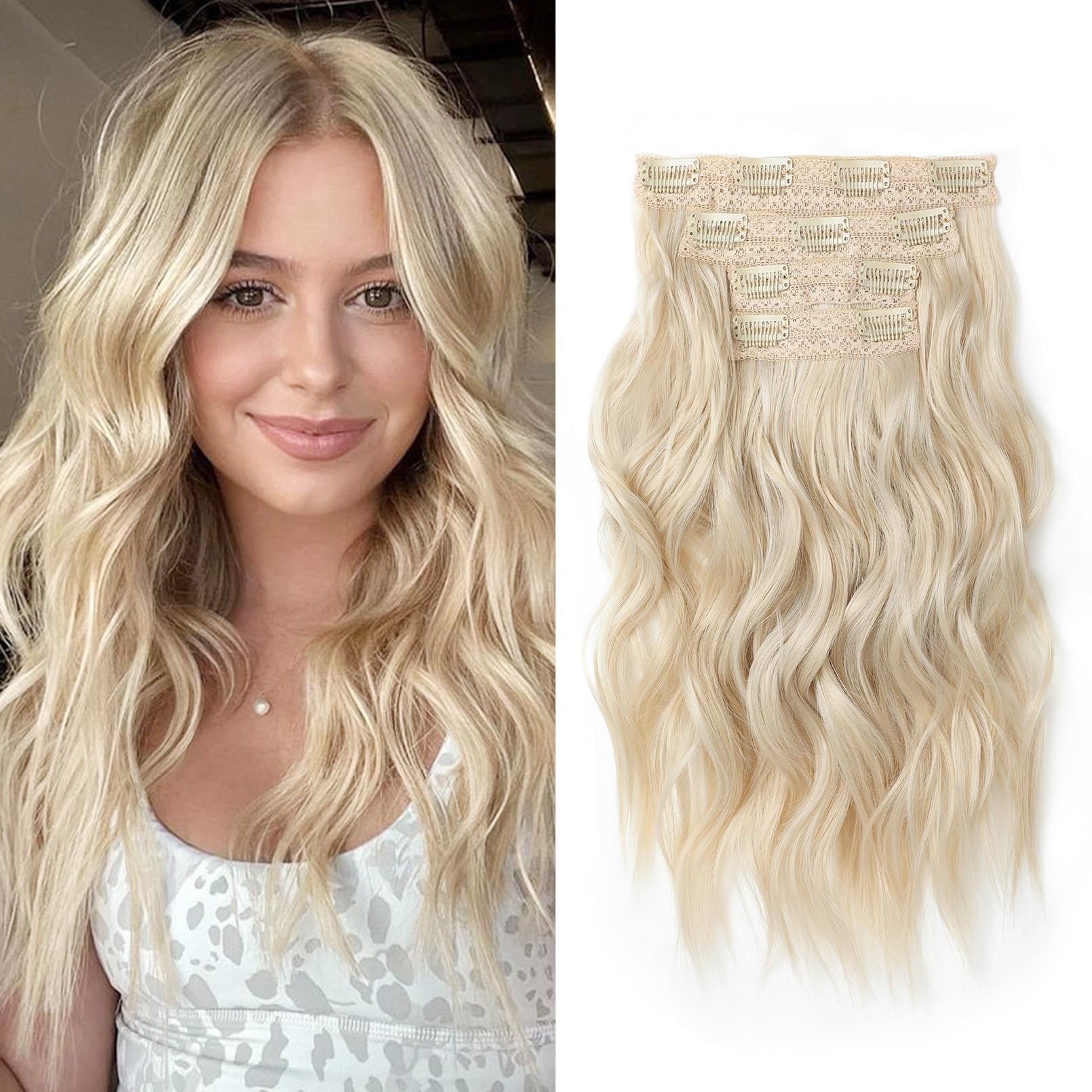 Photo 1 of NTYNTY Hair Extensions, 14" Short Clip in Hair Extensions 4PCS Beach Wave Blonde Natural Soft Synthetic Hairpiece for Women - Light Blonde