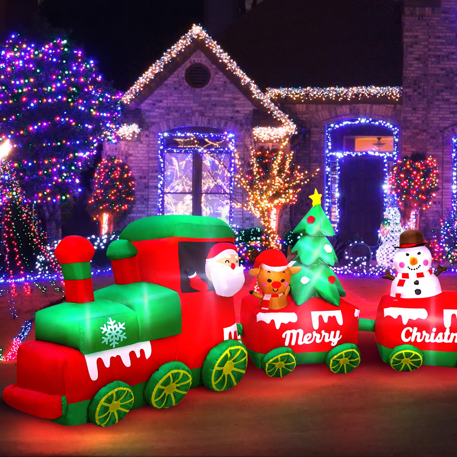 Train Gonflable de Noël de 3 m avec Père Noël, Renne, Bonhomme de Neige, trésor de Noël, lumières LED intégrées, décoration de Noël pour fête de Noël, Vacances, Jardin, pelouse, Cour