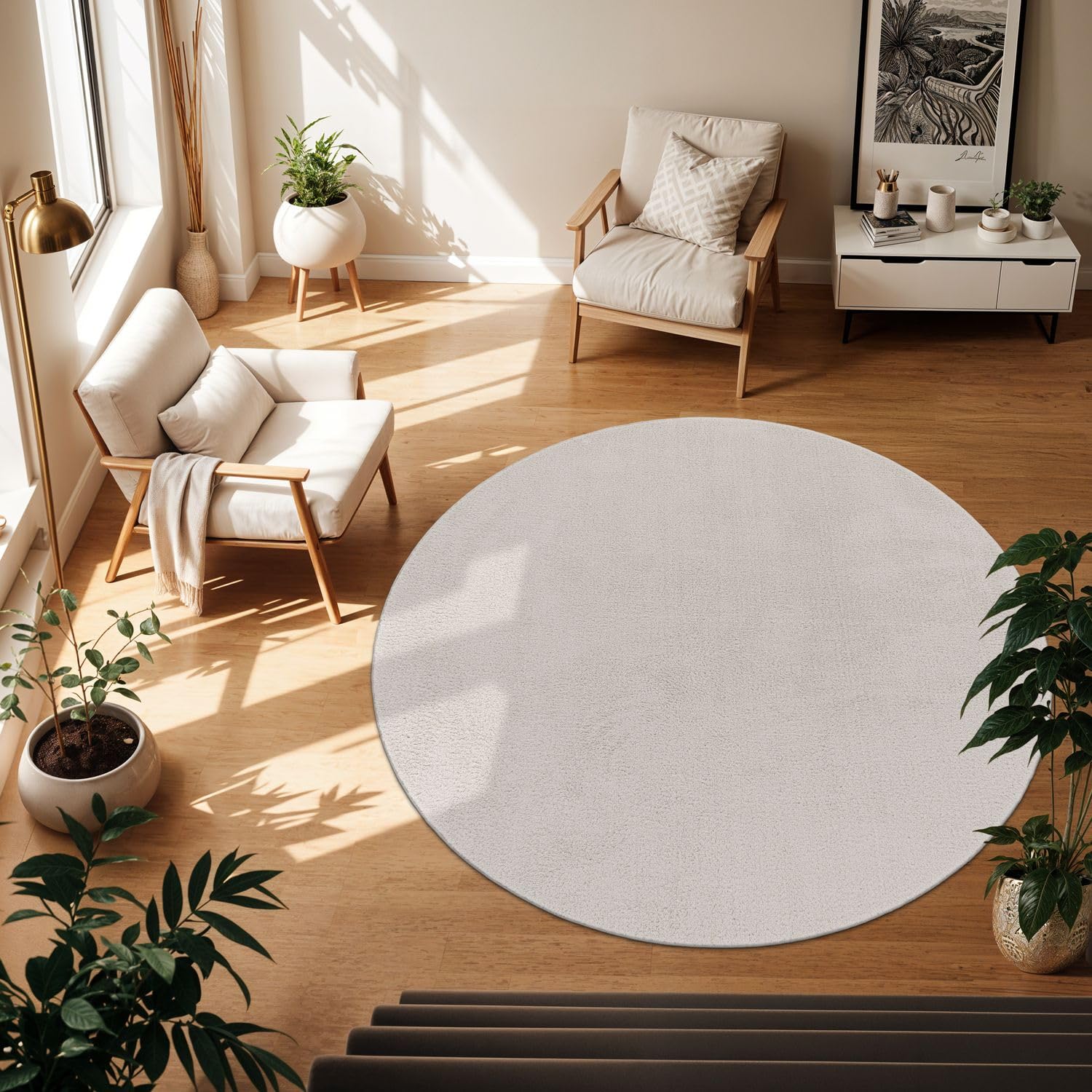 TT Home Wohnzimmer Teppich Kurzflor Anti-Rutsch Rückseite Unifarben Modern Waschbar, Farbe: Silber, Größe:200 cm Rund