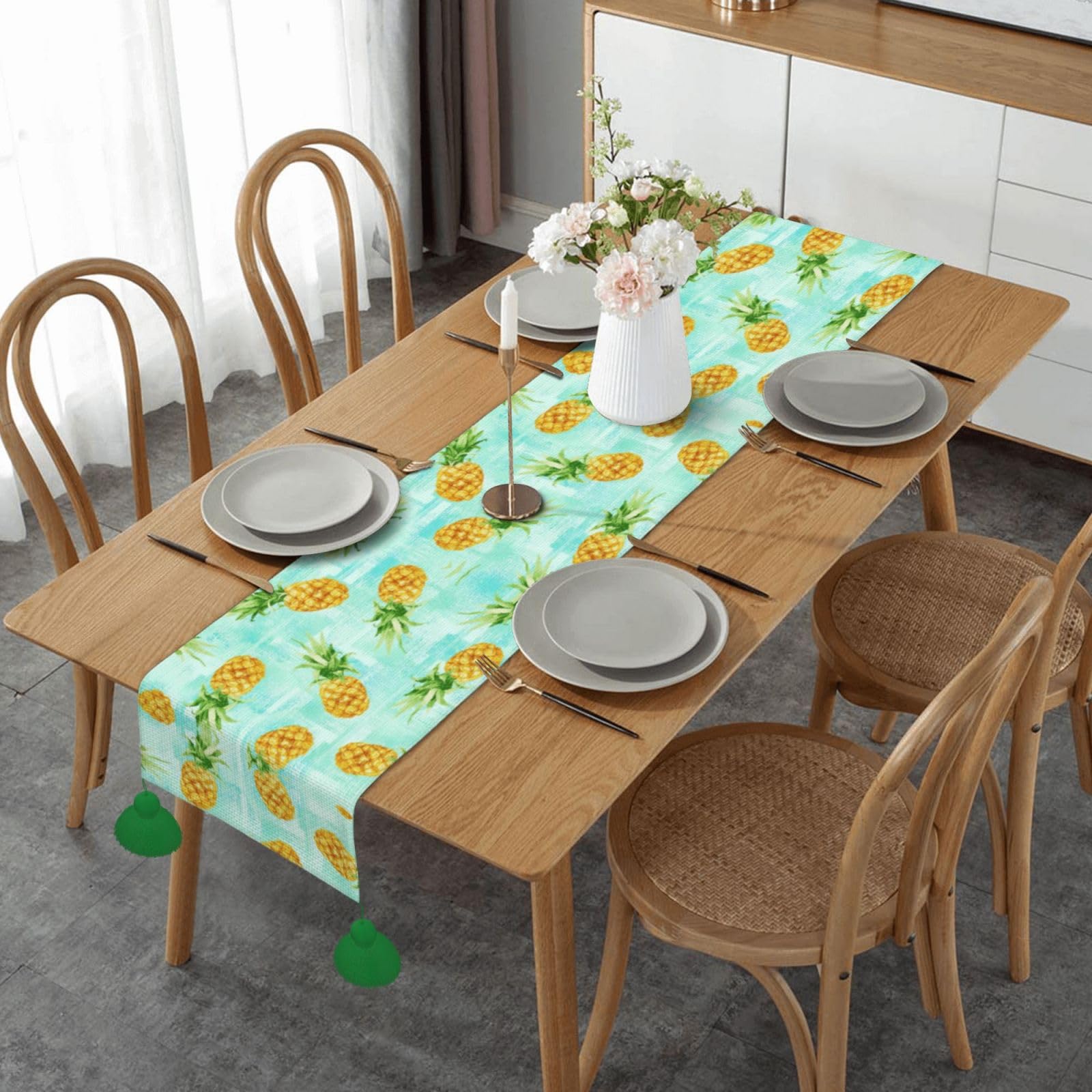 Chemin de table ananas vert antitache pour protéger votre table de ferme des rayures