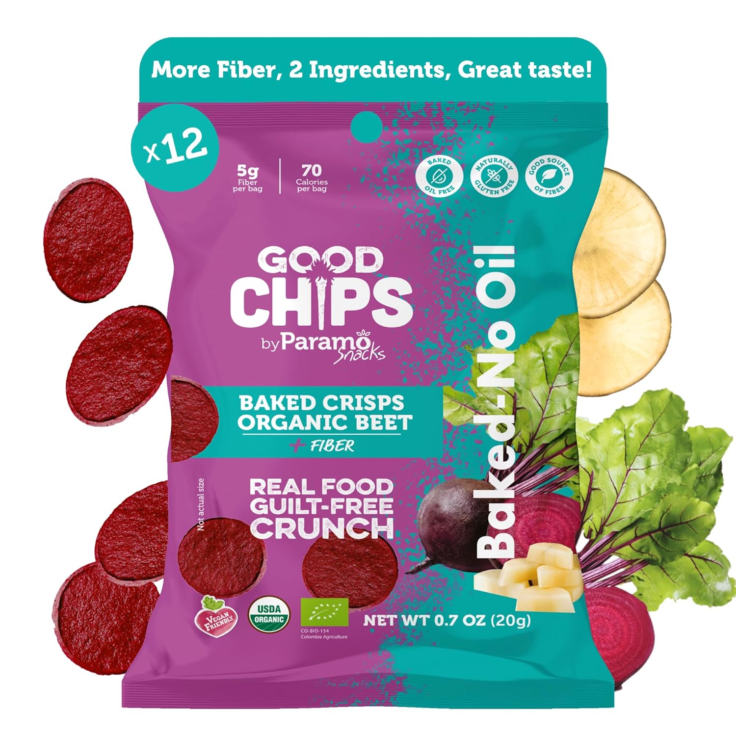 Baked Organic Beet Chips by GOOD CHIPS! 100% Natural, Oil-Free, Only Two Ingredients: Organic Beets and Sea Salt - 1 oz Bags - Pack of 8