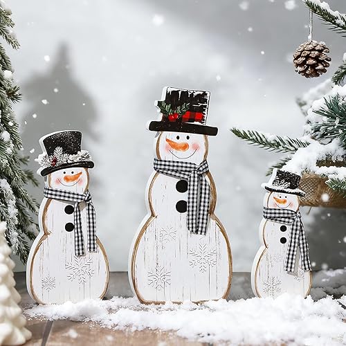 COCHIE Decoración navideña de muñeco de nieve para interiores, lindo juego de 3 bandejas escalonadas de invierno, bloques de muñeco de nieve de