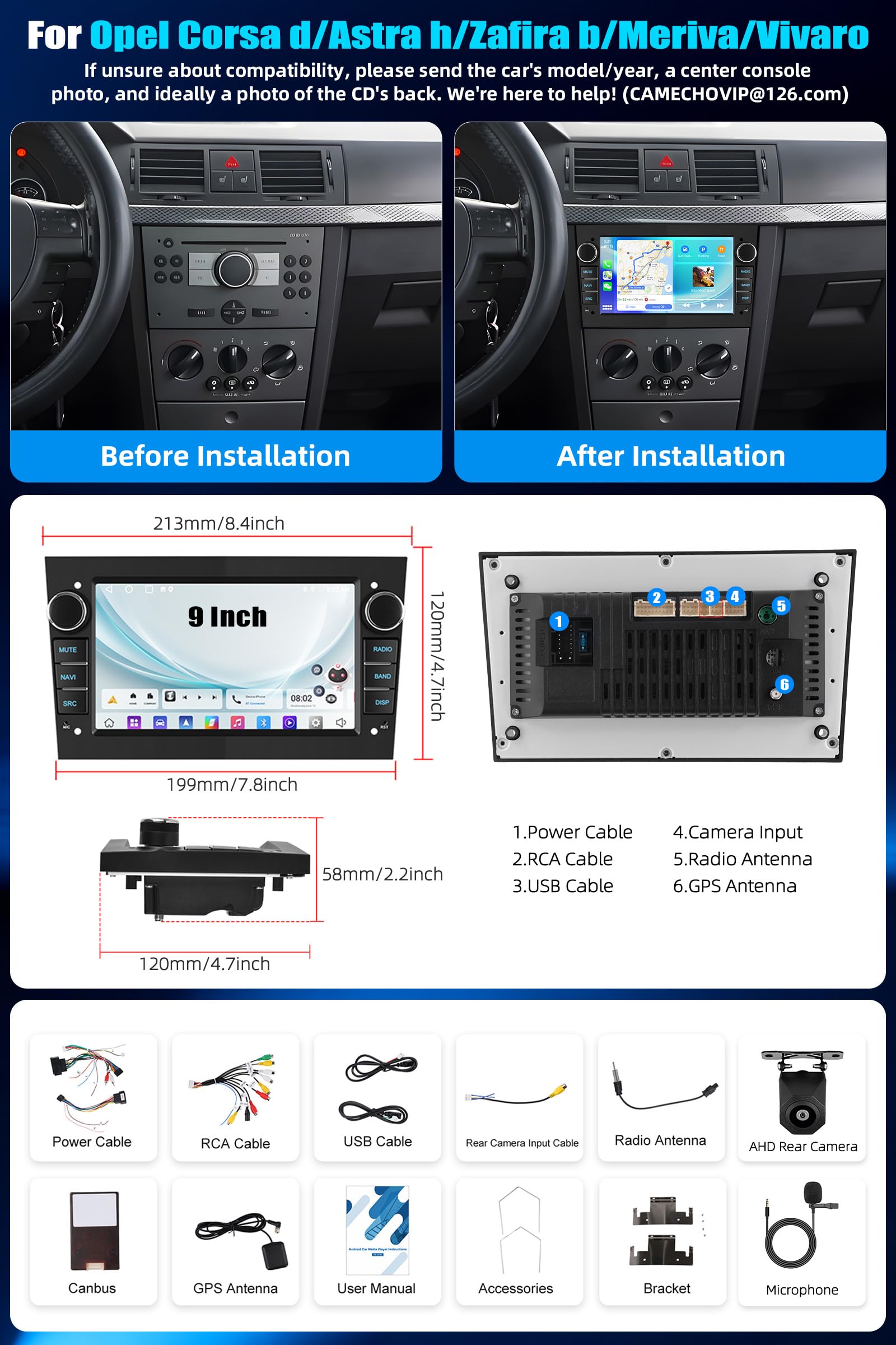 CAMECHO [2+64 GB] Android 15 odtwarzacz samochodowy z funkcją CarPlay dla Opel Astra H Zafira B Corsa C D nawigacja Android Auto bezprzewodowa 9-calowy ekran dotykowy WiFi Bluetooth MirrorLink FM/RDS