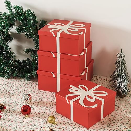 Miniatura 3 de Soul & Lane Cajas decorativas cuadradas de Navidad con tapas, juego de 4 unidades, color rojo festivo, cajas de regalo reutilizables grandes para