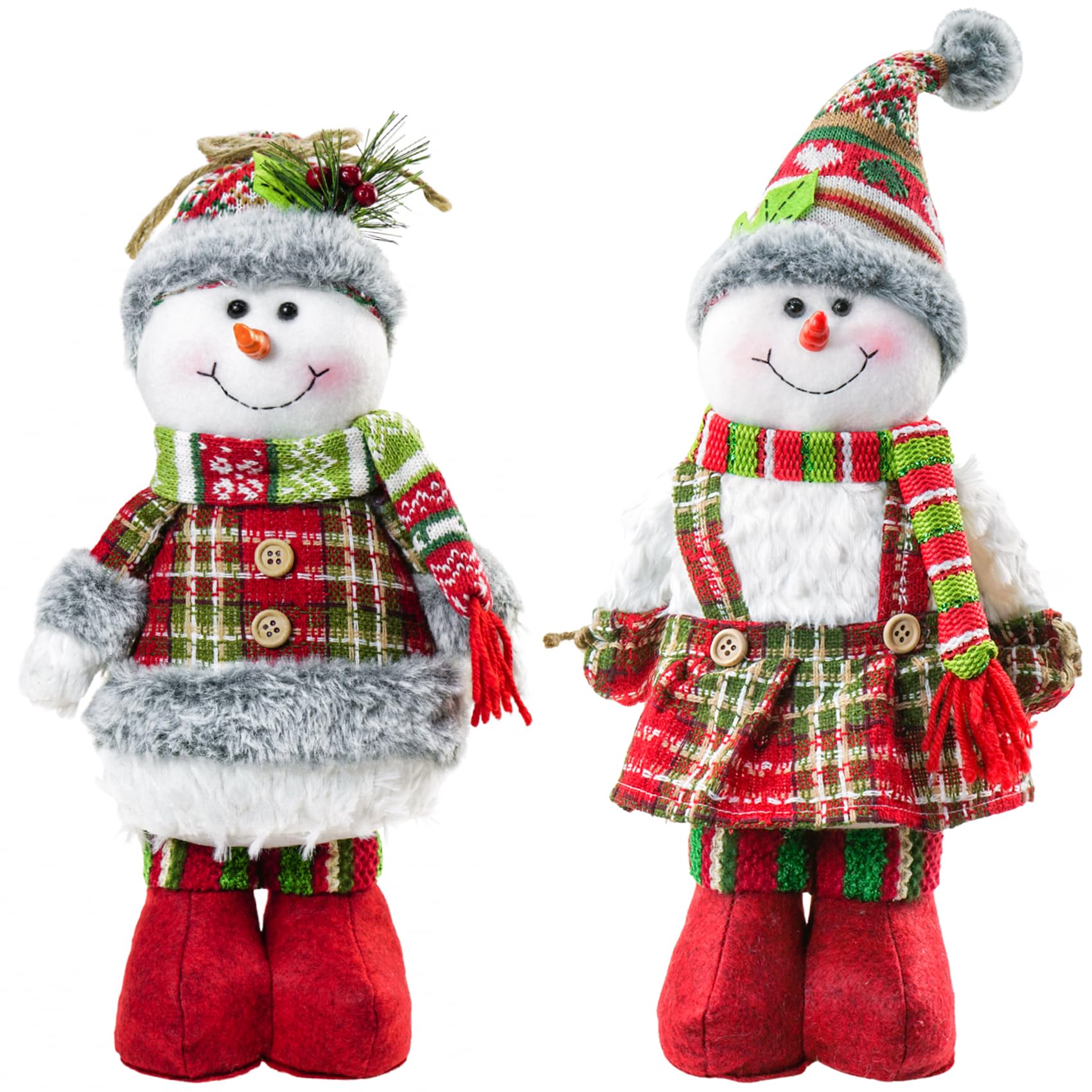 Juego de 2, muñeco de nieve de Navidad de pie de 18 pulgadas de alto, muñeco de nieve de peluche suave con bufanda de punto rojo y sombrero, decoración de Navidad, decoración de mesa para
