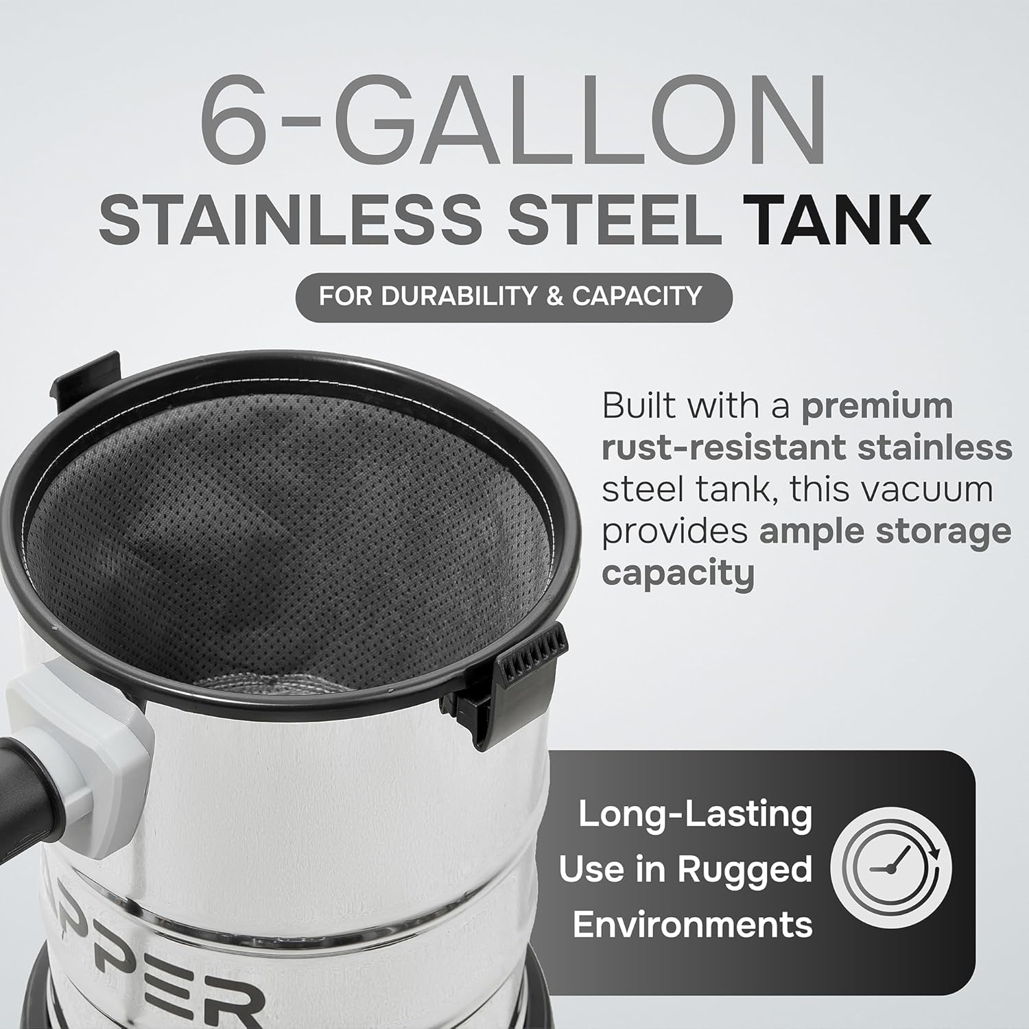 Close-up of the 6-Gallon Stainless Steel Tank of the Dapper Supply Wet/Dry Vacuum.
