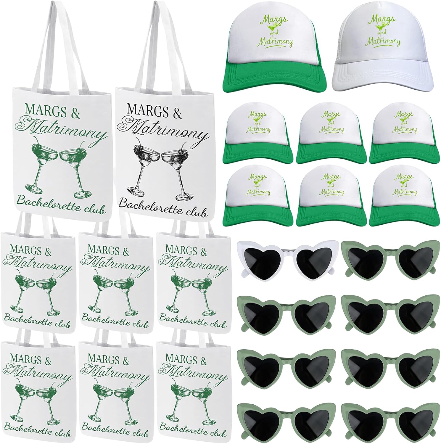 24 Pcs Margs and Matrimony Bachelorette Party Favors Include 8 Bridesmaid Tote Bags 8 Bridesmaid Caps 8 Heart-shaped Sunglasses for Margs Bachelorette Bridal Shower Gift Wedding Beach Coastal Favors