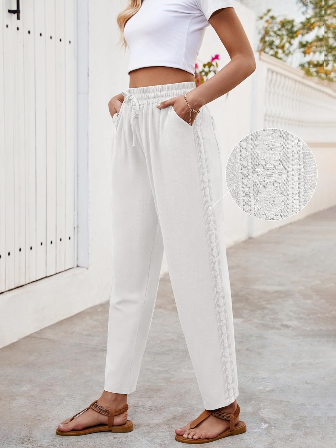 Puimentiua Women Linen Pants Lightweight Pants with Lace Side Summer Casual Beach Drawstring Elastic Waist Trousers - Image 3
