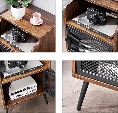 Miniatura 7 de VECELO Juego de 1 mesita de noche moderna, mesa auxiliar con armario de almacenamiento, mesita de noche industrial con estante de cajón abierto para