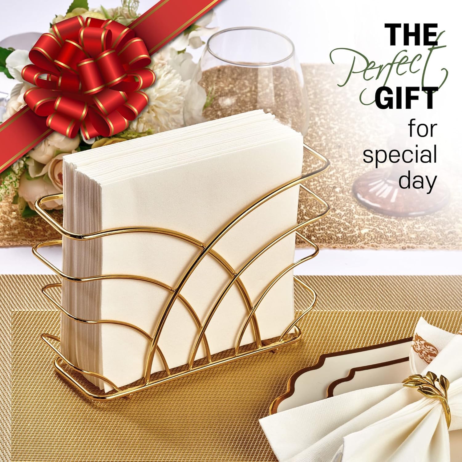 Craftland Metal Napkin Holder for Tableware with Weighted Arm,Square Paper Napkin Towel Holder,Decoratve Design,Modern Napkin Stand for Kitchen,Restaurant, Dining Table,Hotel,Gold (Tree Shape) 1