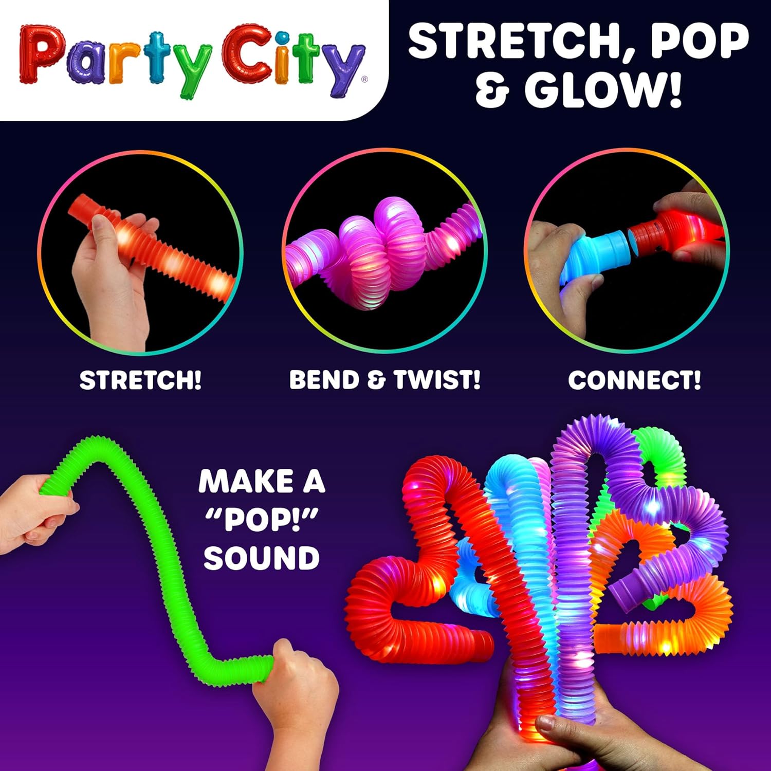 Party City 24pk LED Light Up Pop Tubes 25”- 3 Mode Stretchy Tubes LED Light Up Toys Bulk Glow Sticks Party Favors for Kids Necklaces Bracelets Neon Glow in the Dark Supplies Fidget Sensory Tube Pack - Image 3