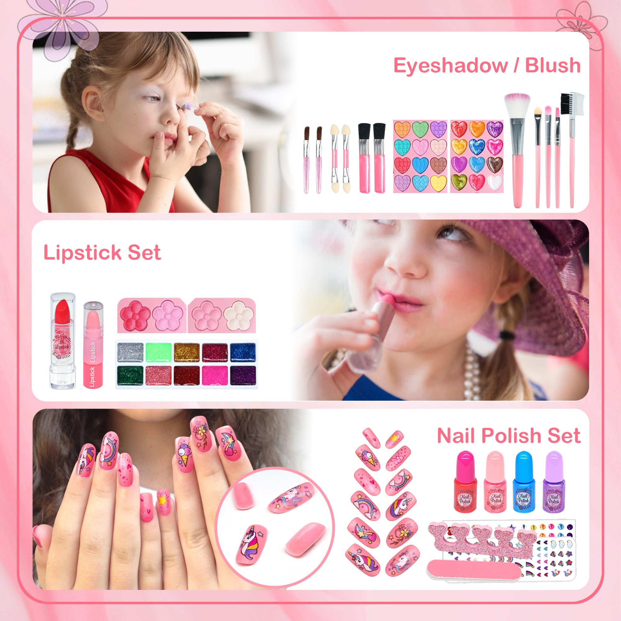 Kids Makeup Sets for Girls Toys, 74PCS Washable Makeup for Kids with Mirror Real Dressing Table with Stand - Image 3