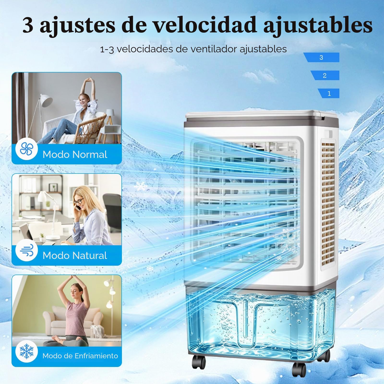 Climatizador Evaporativo 30L, Ventilador de Agua con Mando a Distancia y Acumuladores de Hielo, Potente Flujo de Aire, Enfriador Evaporativo Portátil para Grandes Espacios, Salón y Garaje