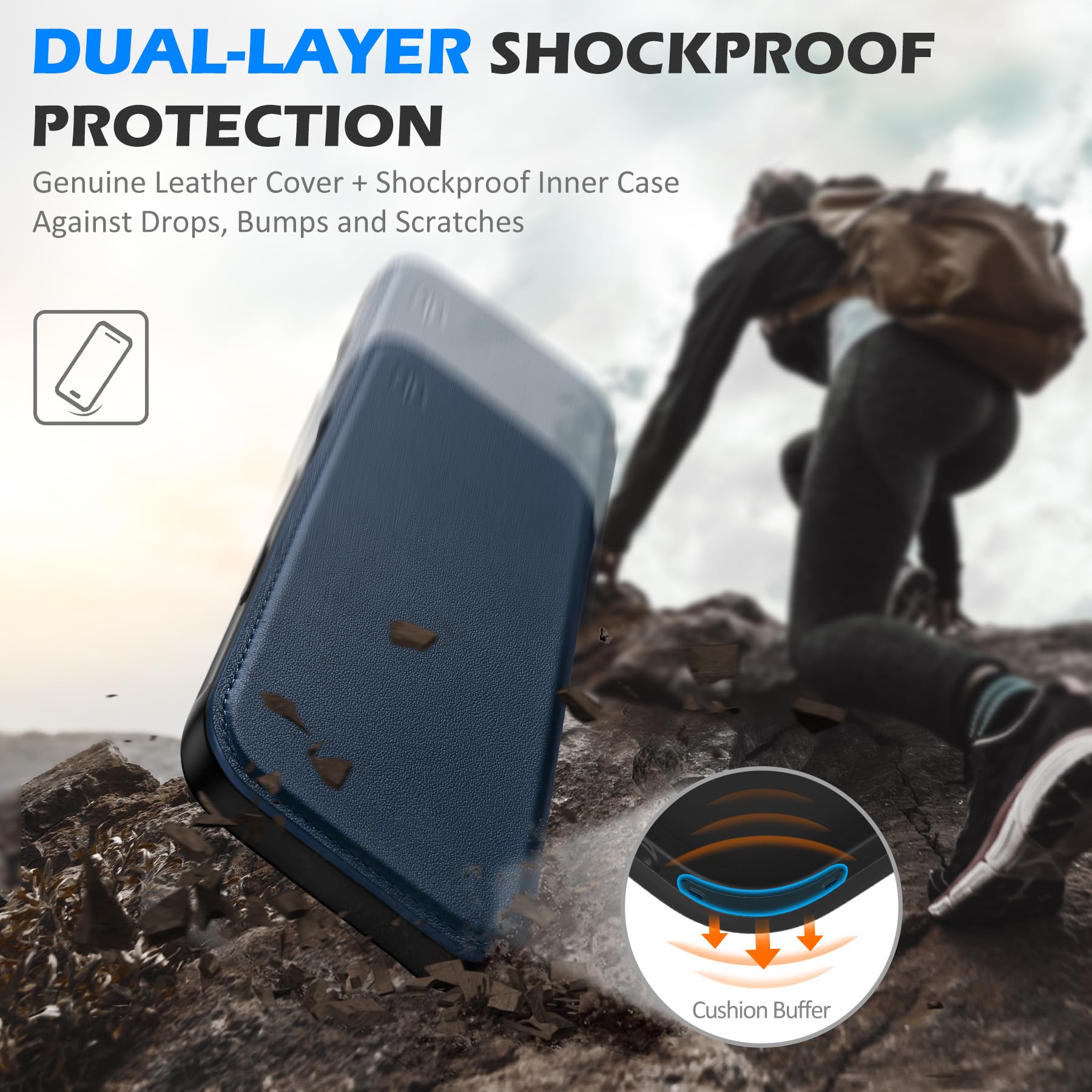 SHIELDON Funda de Cuero Genuino Tipo Cartera para iPhone 17 Pro MAX 6,9 Pulgadas 5G 2025, [Carga Inalámbrica][Bloqueo RFID] Funda de Cuero con Tapa Magnética Slim Wallet, Azul Marino