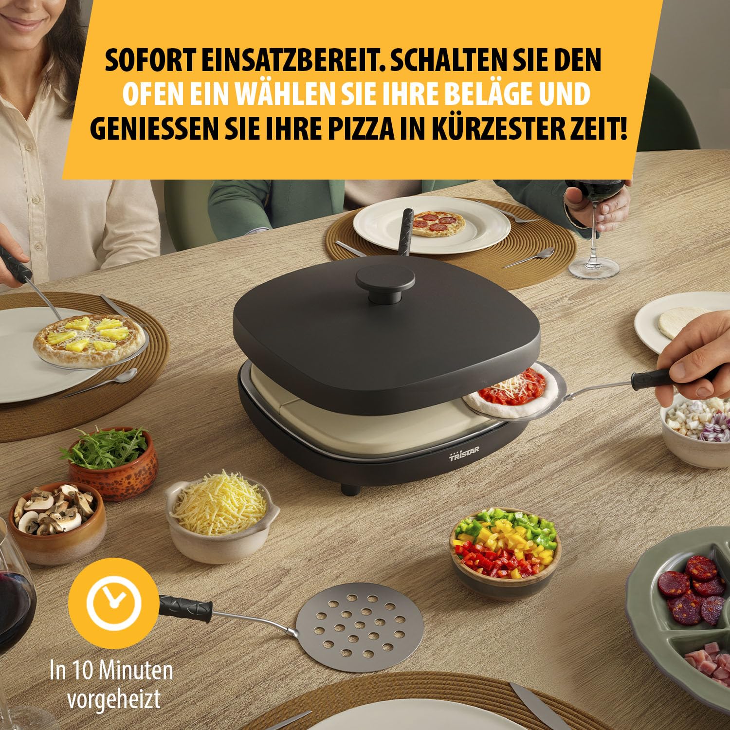 Tristar Pizza Family 4 Pizza Maker, 25x25 cm, 900 W, Für 4 Personen, PFAS-freie Keramikbeschichtung, Abnehmbare Platten, 4 Pizzaschaufeln & Teigschneider, PZ-9174