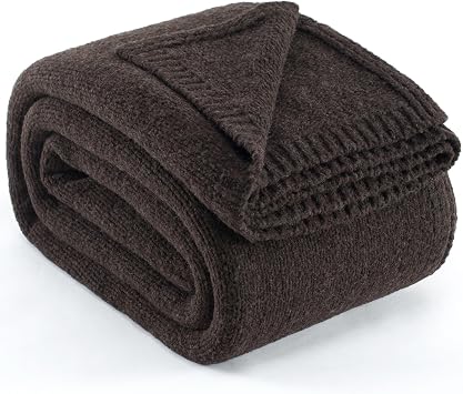 Carriediosa Wool Blend Knit Throw Blanket 50% Recycled Poly 50x60 Brown | Rib Knitted, Lightweight, Soft, Fuzzy, Cozy, Fluffy, Throws, Blankets, Bed Cover, For Couch, For Sofa