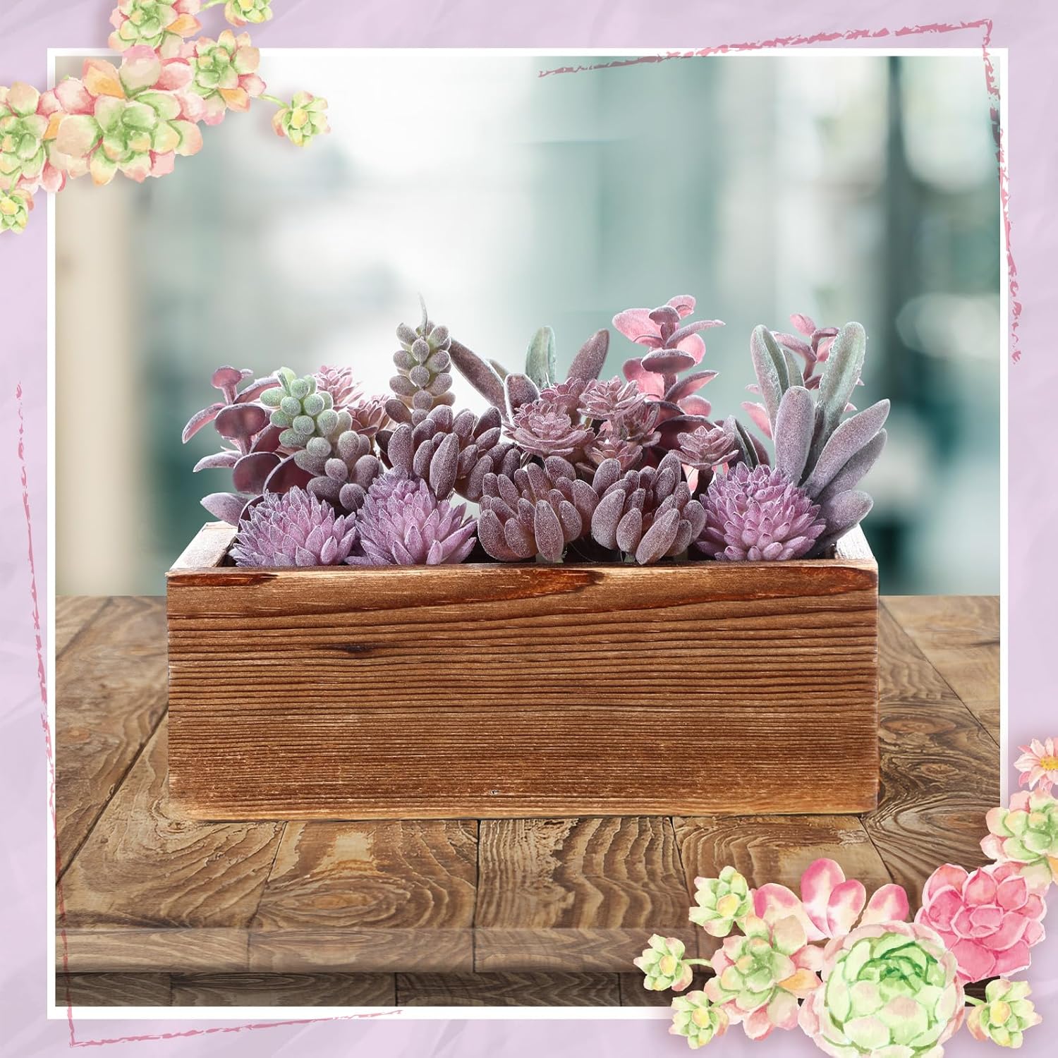 Assorted Artificial Succulent Arrangement Plants in Rustic Burnt Wood Rectangular Planter Box Faux Succulent Centerpiece for Table Home Garden Windowsill Greenery Decor(Purple,Dream Style) - Image 3
