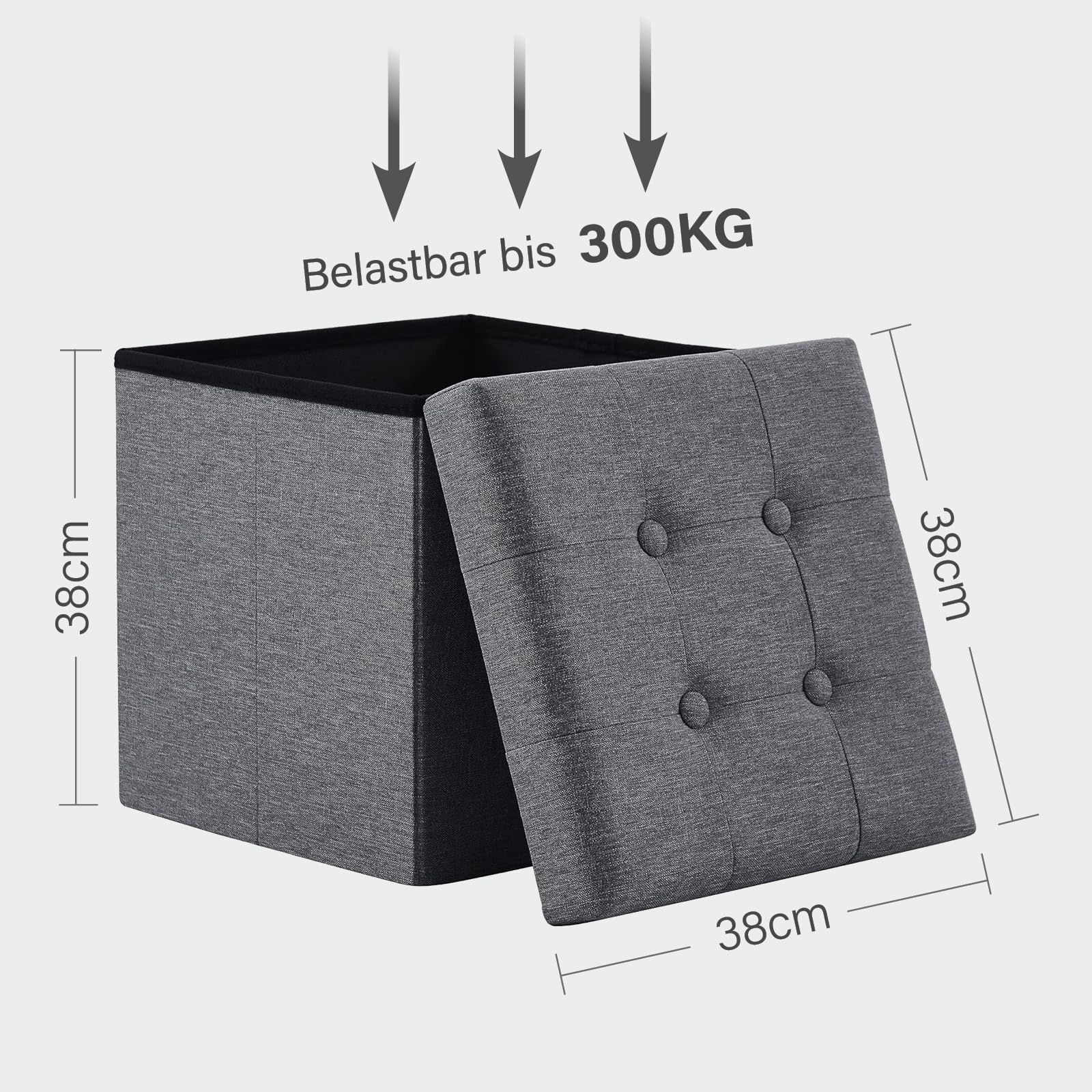 Zedelmaier Sitzhocker mit Stauraum, Fußhocker, Sitzwürfel, Sitzbox, Ottoman, Fußbank Truhen Aufbewahrungsbox faltbar belastbar bis 300 kg, Leinen, 38 x 38 x 38 cm (Dunkelgrau)