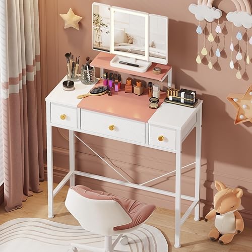 Small Makeup Vanity Desk 27.5''W with Mirror and Lights, Vanity Desk with 3 Fabric Drawers and Height-Adjustable Stand, Vanity Table for Girls