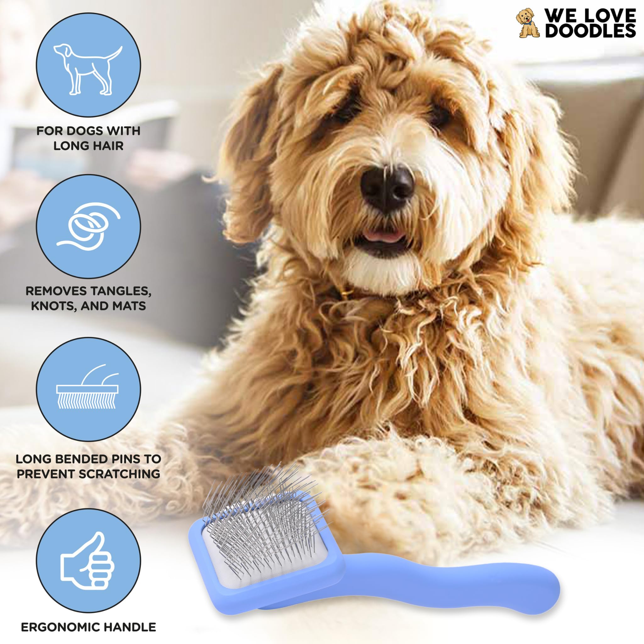 We Love Doodles Cepillo de pelo largo Goldendoodle para pelos de mascotas – Los mejores cepillos para caniche y garabatos dorados – Cepillo de pelo largo Goldendoodle para desenredar (extra pequeño)
