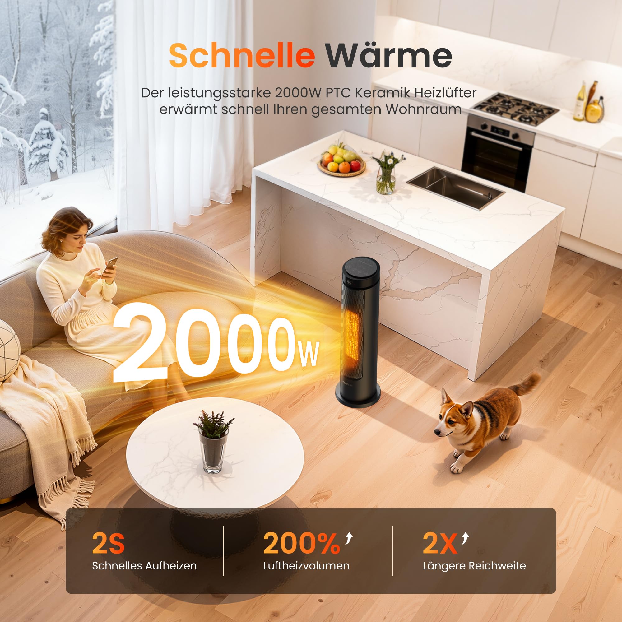 FLANUR Heizlüfter Energiesparend, 2000W PTC Keramik Heizlüfter mit Thermostat & Fernbedienung, ECO Modus, 70° Oszillation, 12h Timer, Überhitzungs-Kippschut, 60cm, Black