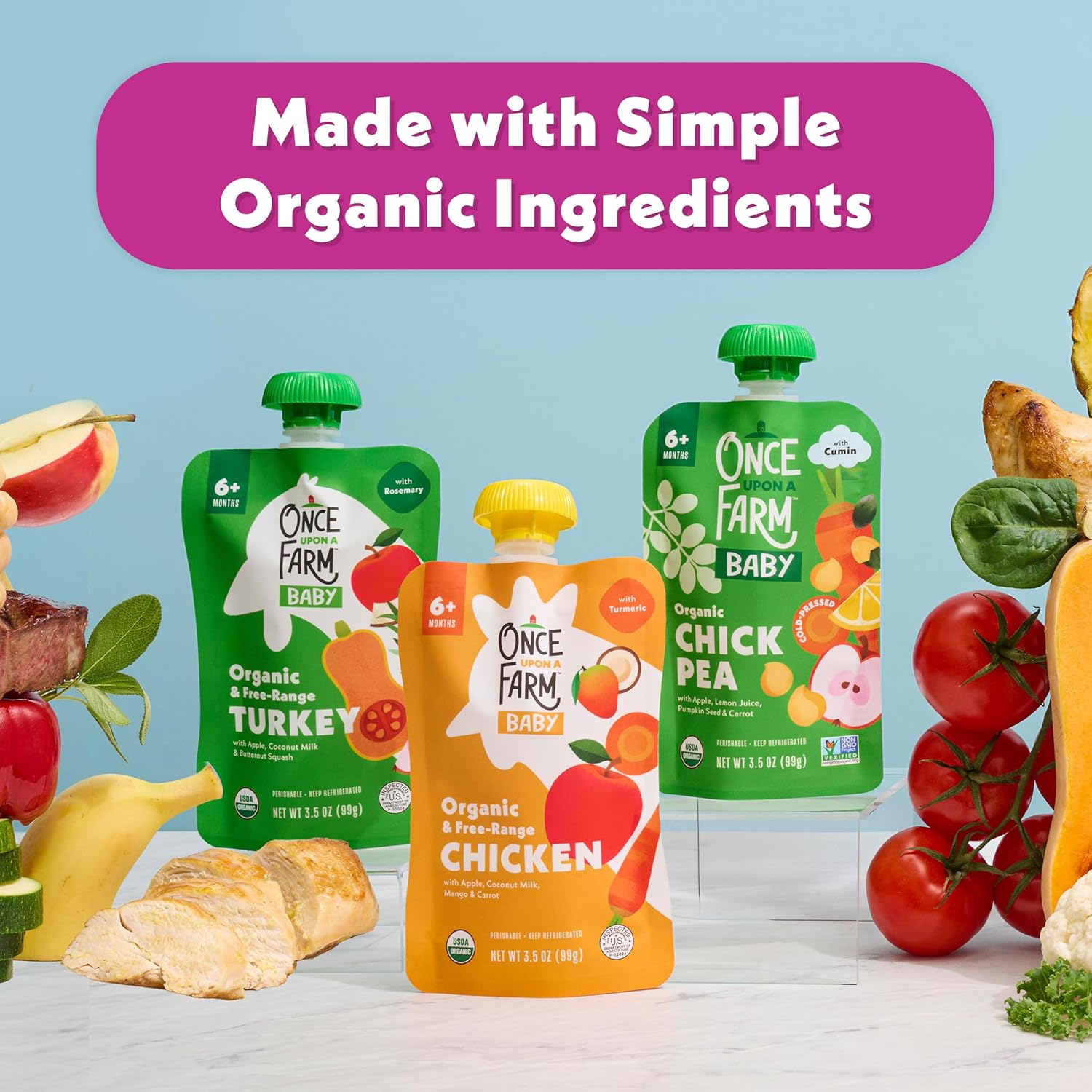 Once Upon a Farm Tomato, Apple, Chicken Bone Broth, Coconut Milk Organic Baby Food Pouch, 3.5oz