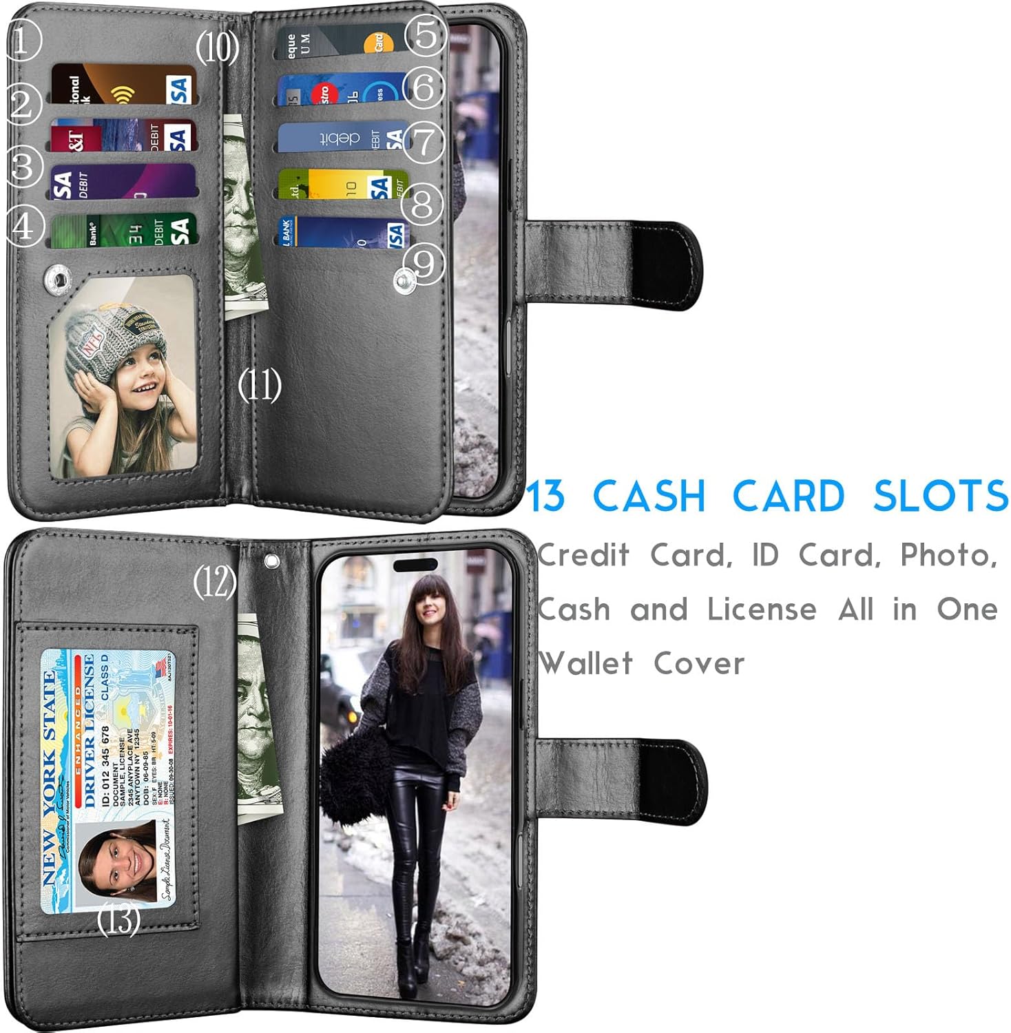 Tekcoo Wallet Case Compatible with iPhone 16 Pro Max (6.9 inch) 2024 Luxury ID Cash Credit Card Slots Holder Carrying Pouch Folio Flip PU Leather Cover [Detachable Magnetic Hard Case] Strap [Black] - Image 2