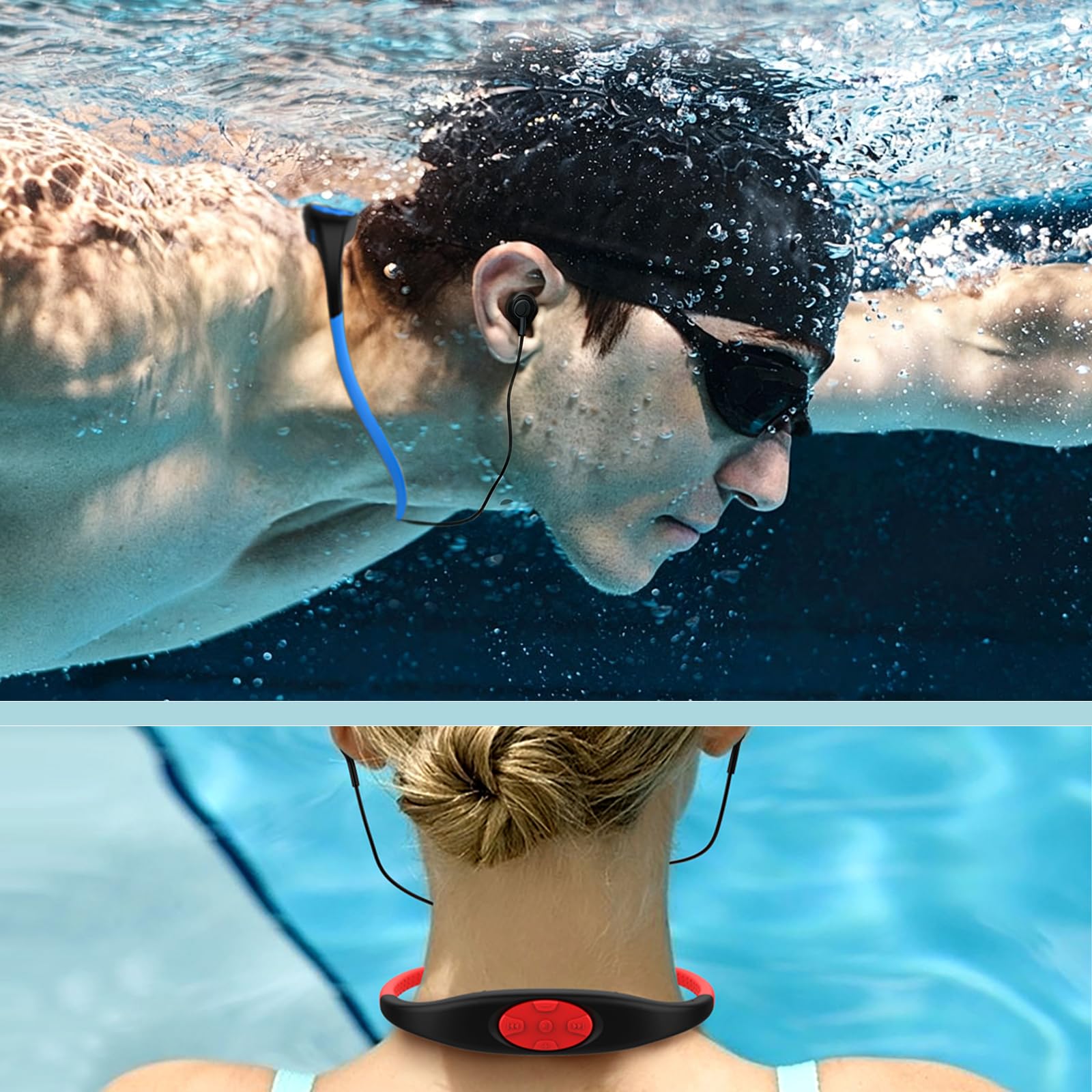 Longben Écouteurs intra-auriculaires pour la natation, le sport, Bluetooth, étanches, radio FM, lecteur MP3, ultra léger, rouge