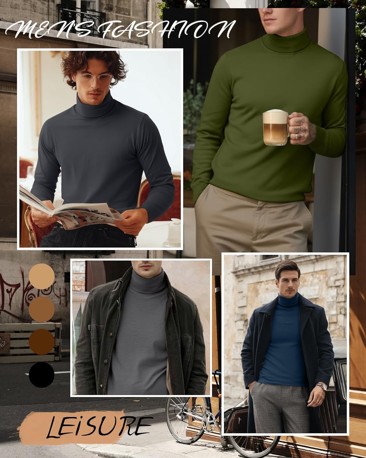 7 Pack Men's Turtleneck Tops, Long Sleeve Basic Pullover Sweaters Casual Slim Fit Lightweight Tees - Image 3