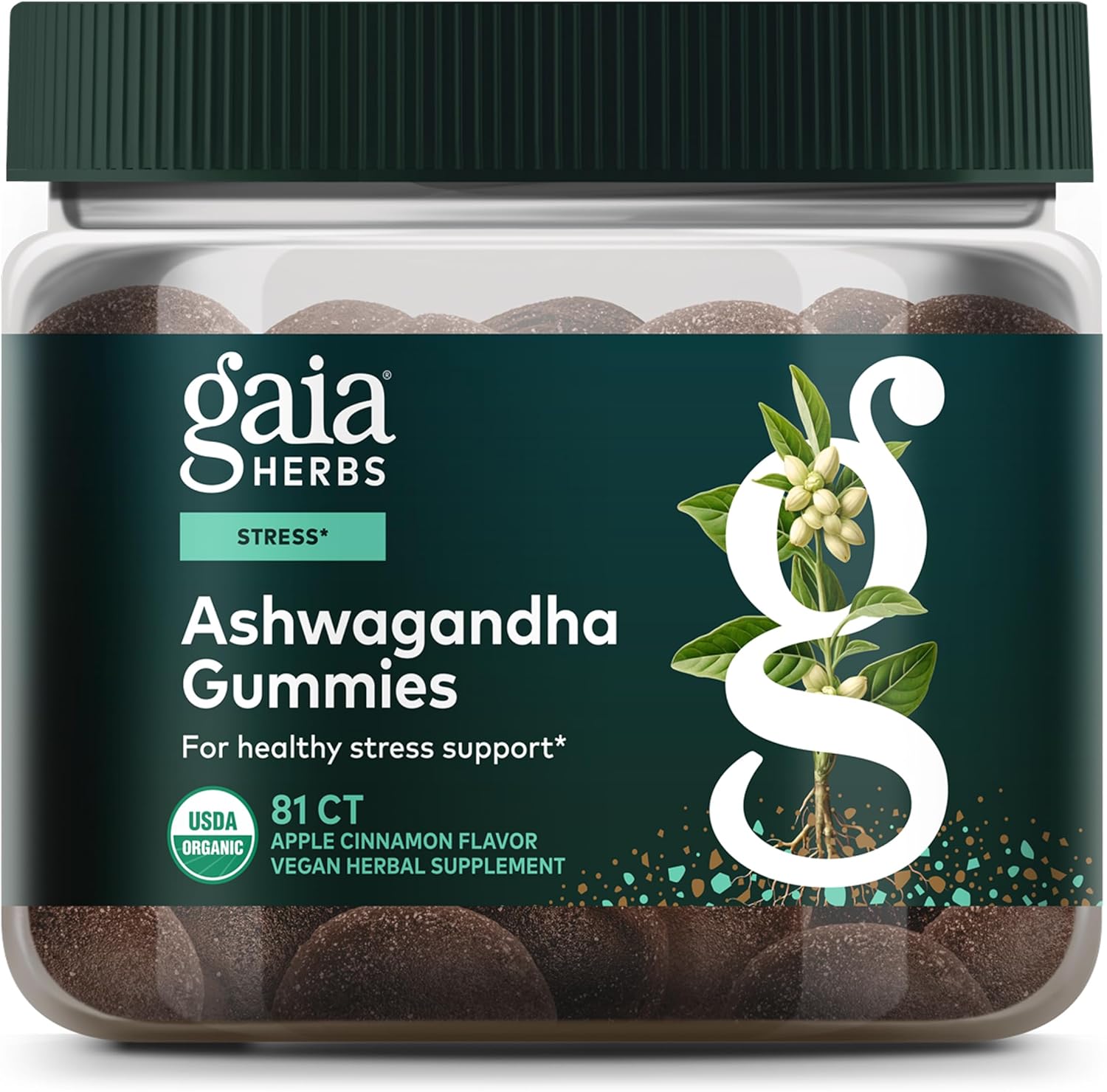Gaia Herbs Organic Ashwagandha Gummies - Stress Support* - Made with Cinnamon & Ginger - Gluten Free & Vegan - 81 Count (27 Servings)