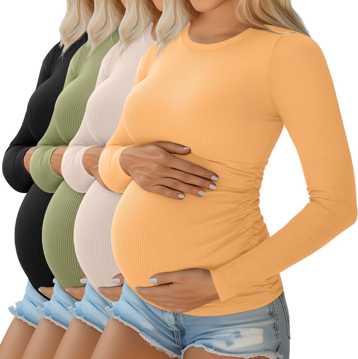 Ficerd 4 Pack Women's Maternity Shirts Cotton Long Sleeve Ribbed Crew Neck Pregnancy Tops Side Ruched Casual Mama Clothes
