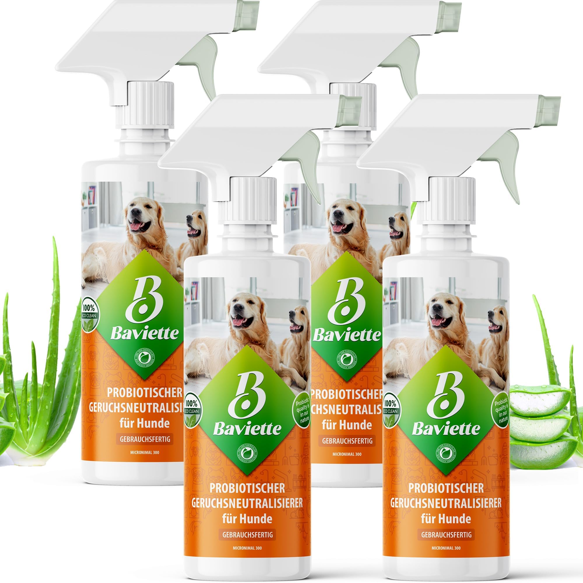 Baviette Spray 4 x 500 ml – Neutralizador de olores para hogares de Perros – con microorganismos Naturales – Inodoro, sin Cloro y Respetuoso con los Materiales – Adecuado para Textiles, Muebles
