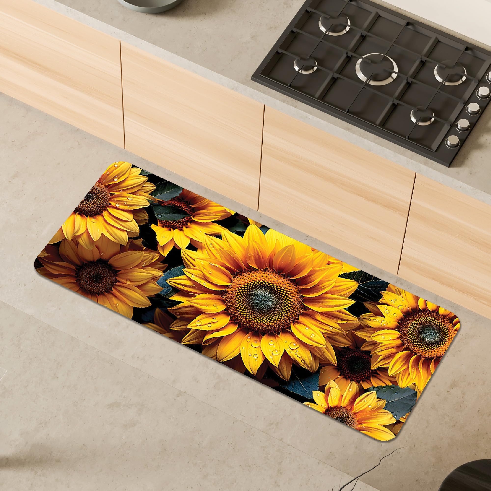 Comart - Tappeto Cucina Austin - Impermeabile - Antiscivolo - Antimacchia - Lavabile in Lavatrice - Passatoia in Poliestere - per Corridoio e Cucina - Made in Italy - Fiori Girasoli - 50x130 cm