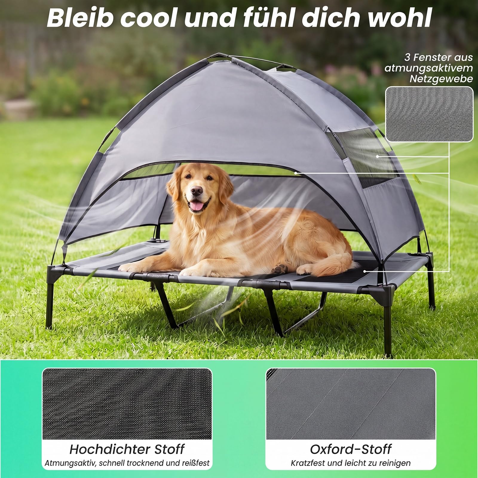 COSTWAY Hundebett mit Baldachin, Hundeliege Garten, Haustier Liegeplatz draußen, Hundesofa Schlafplatz Outdoor, Haustierbett Hund, Katzenliege Katzenbett (122,5 x 91 x 95 cm)