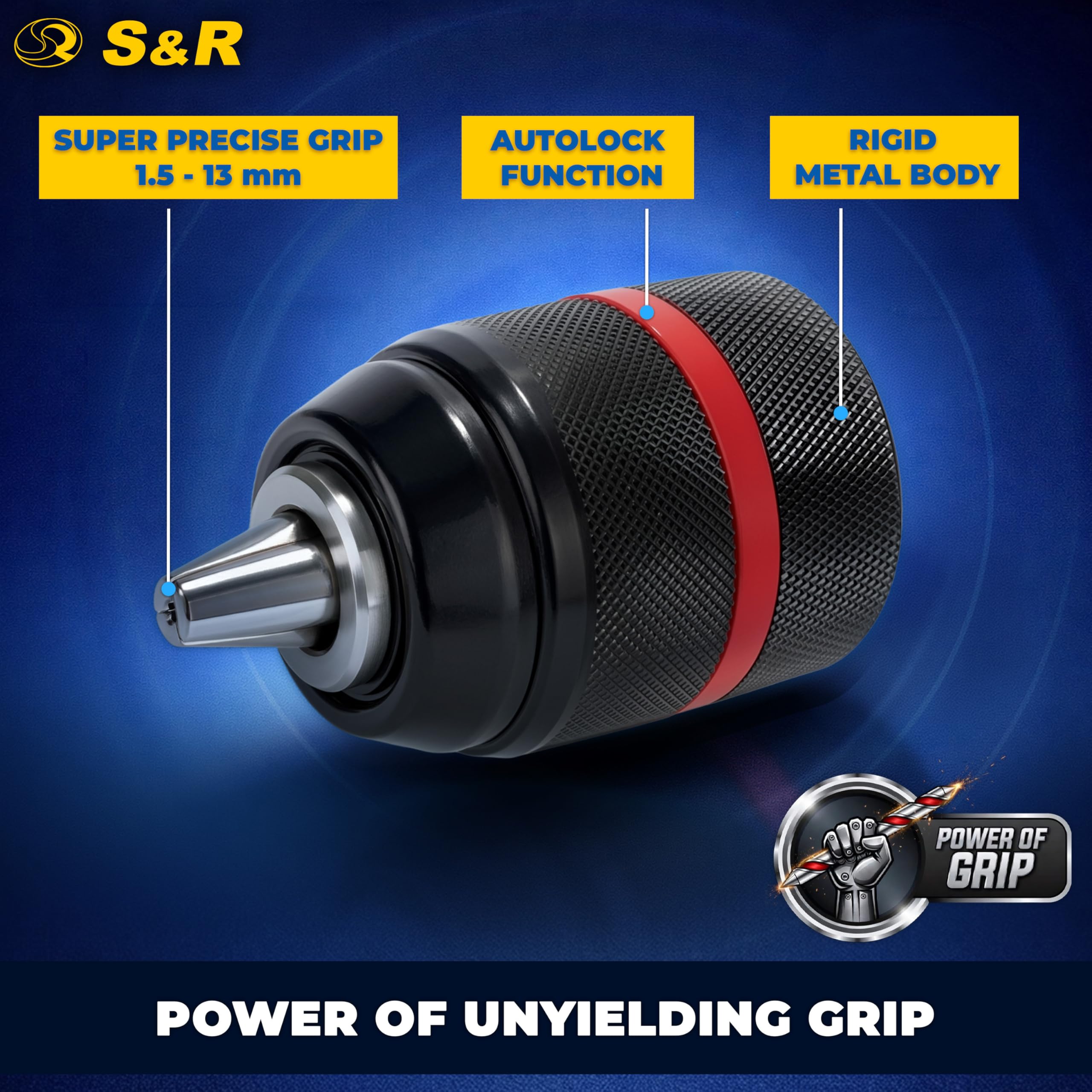 S&R Szybkozaciskowy uchwyt wiertarski 2 mm – 13 mm 1/2-20 UNF z adapterem SDS-plus i adapterem sześciokątnym HEX, szybkozaciskowy uchwyt wiertarski z gwintem, uchwyt szybkozaciskowy do wiercenia