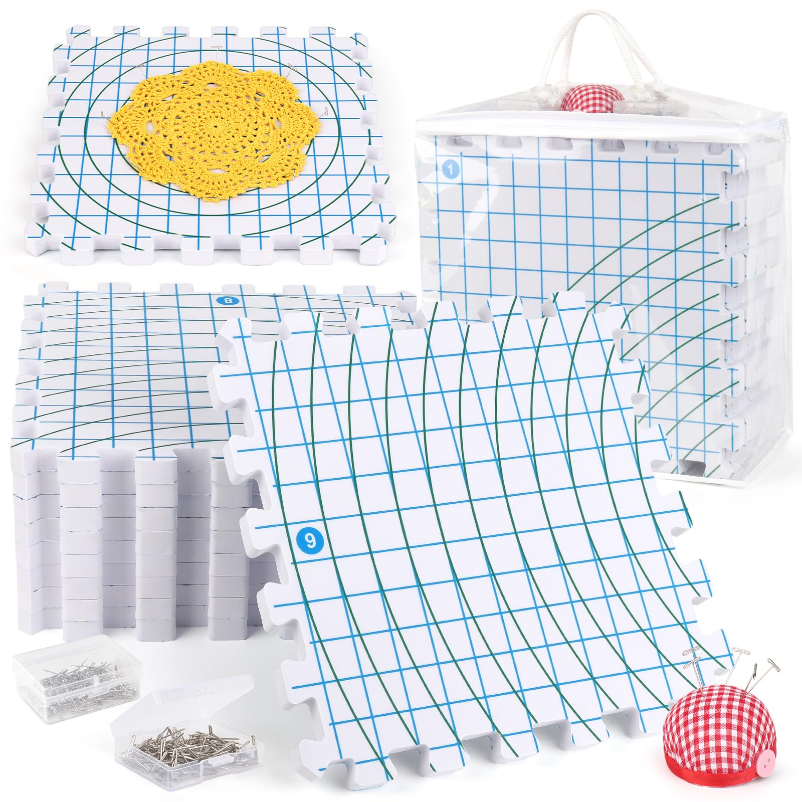 Aeelike Blocking Mats for Knitting and Crochet, 9 Pack Thick Crochet Foam Blocking Board and Pins, Extra Large Interlocking Knitting Blocking Mats Crochet Blocking Board for Blanket/Granny Squares