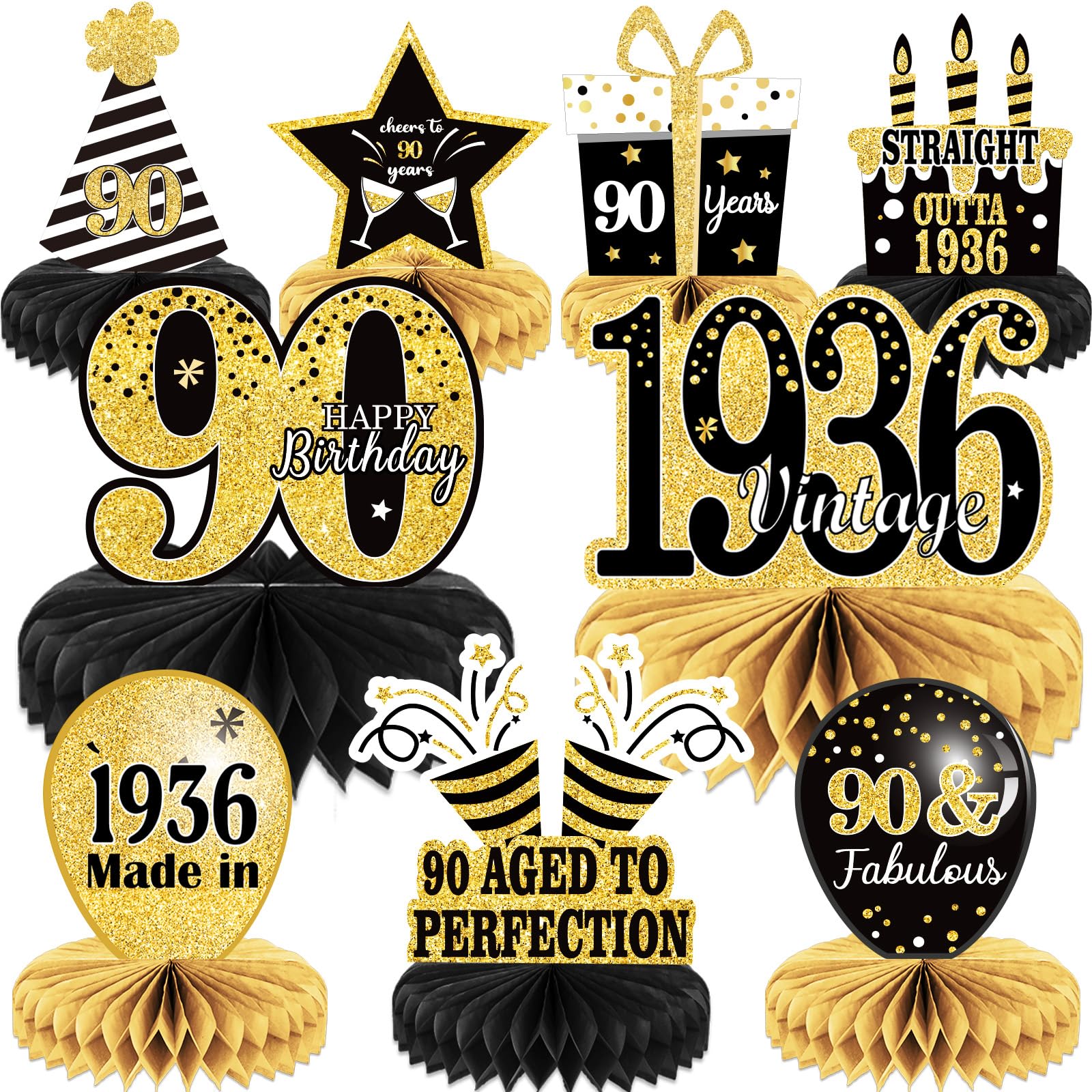 9PCS 90th Birthday decorations 90th birthday Centerpieces for Tables Decorations Vintage 1936 Honeycomb Table Topper Back in 1936 90th Birthday