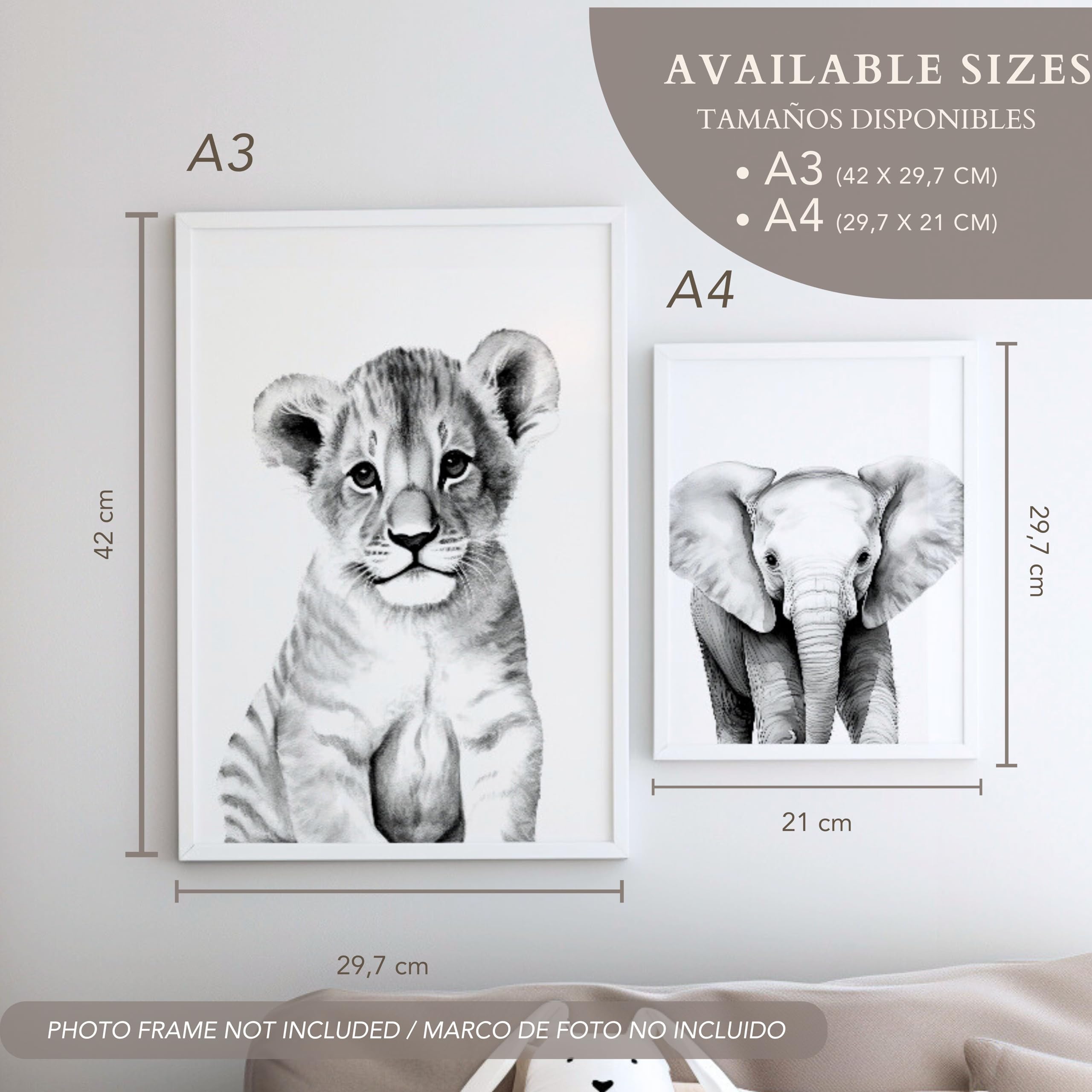 ayurvana Set de 4 Láminas Safari en Blanco y Negro – Cuadros Infantiles de Alto Contraste para Estimulación Visual de Recién Nacidos – Decoración Habitación Bebé Estilo Nórdico y Montessori – A4