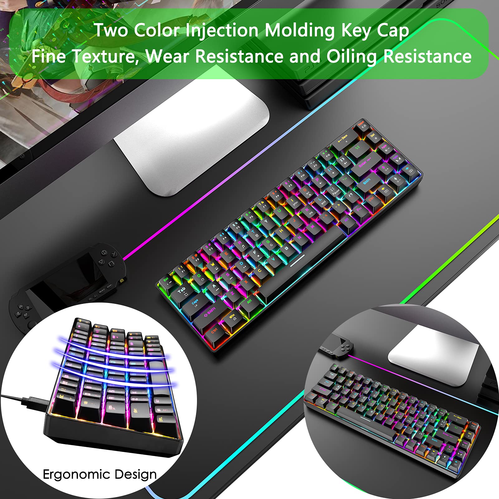 ZIYOU LANG RGB Teclado y Raton Gaming, 68 Teclas Blue Switch 60% Mini Teclado Mecánico QWERTY, 6400DPI Ajustable Panal Ligero Mouse, USB Cableado, Compatible con Windows Mac PS4 Xbox, Negro