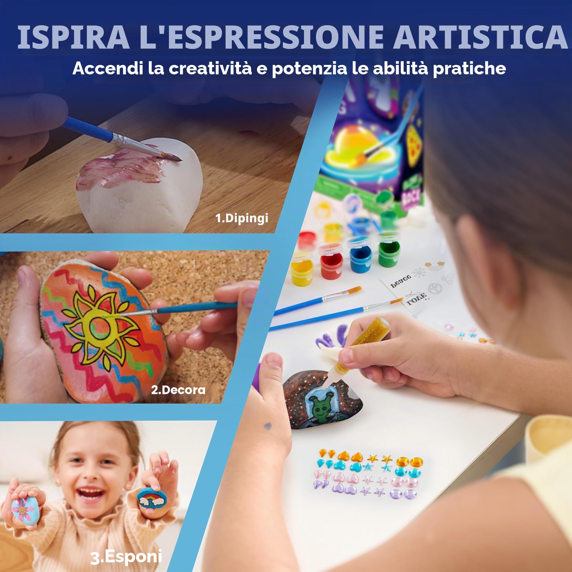 JOYIN 10 pezzi Kit Pittura di pietra per bambini con 18 colori (colle glitter e metallizzato e colori standard) Materiali artistici per bambini Attività da famiglia Regalo di compleanno