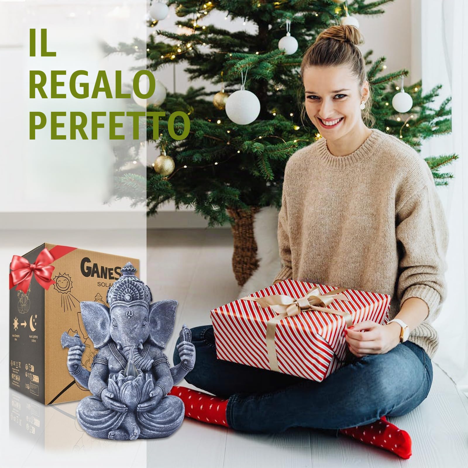 Yeomoo Ganesha Figura Buddha con lampade solari per la decorazione del soggiorno, della scrivania, dell'accessorio: Ganesha Zen Giardino Buddha Figura regalo per uomini donne mamma resistente alle