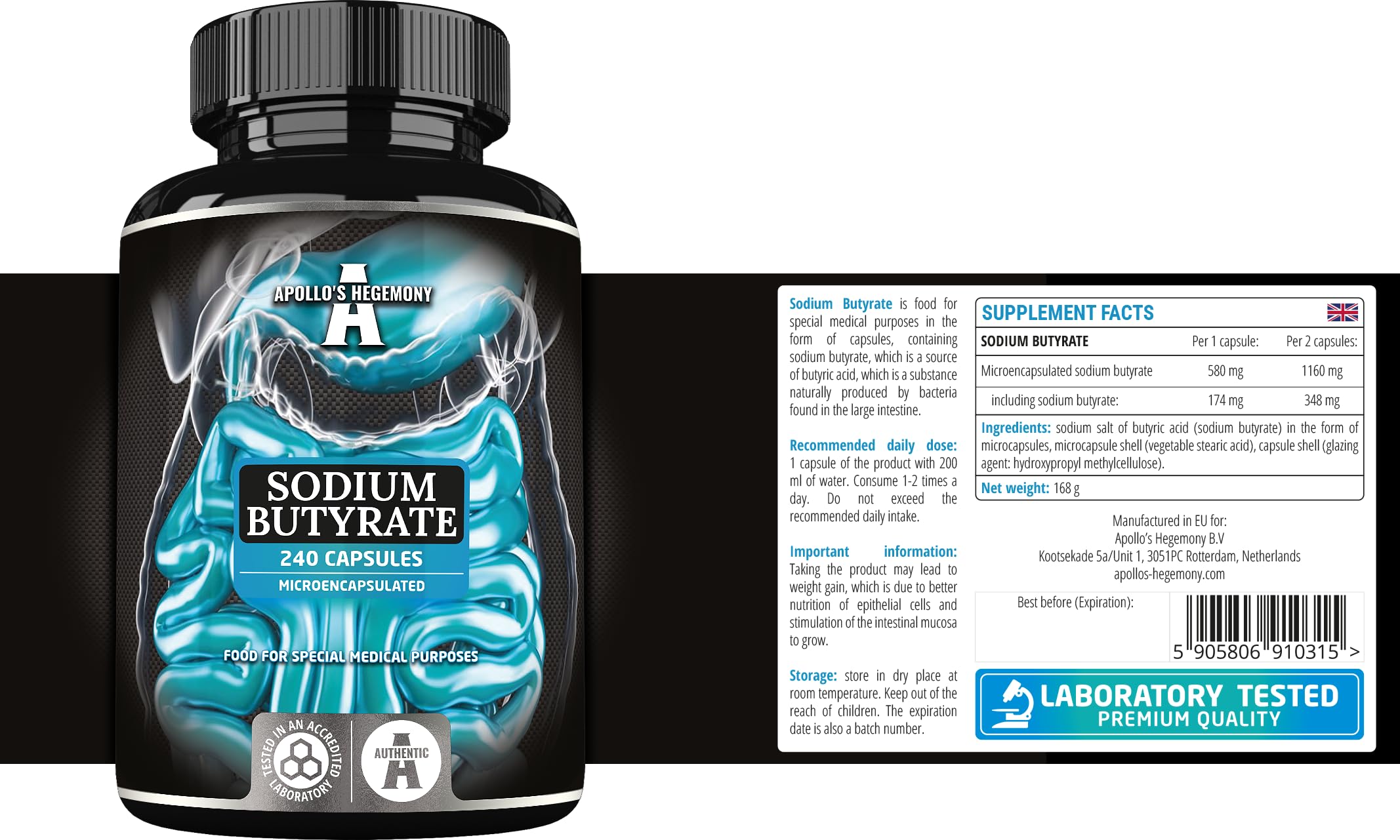 Sodio butirrato ad alto dosaggio 570 mg (30% di acido butirrico), 240 capsule vegane, fornitura di 8 mesi, integratore per sostenere la rigenerazione della barriera intestinale - Apollo's Hegemony